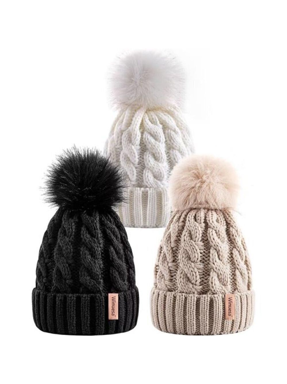 3 PCS Womens Beanie Pom Pom Knit Winter Fall Fashionable Warm Winter Hats Ladies